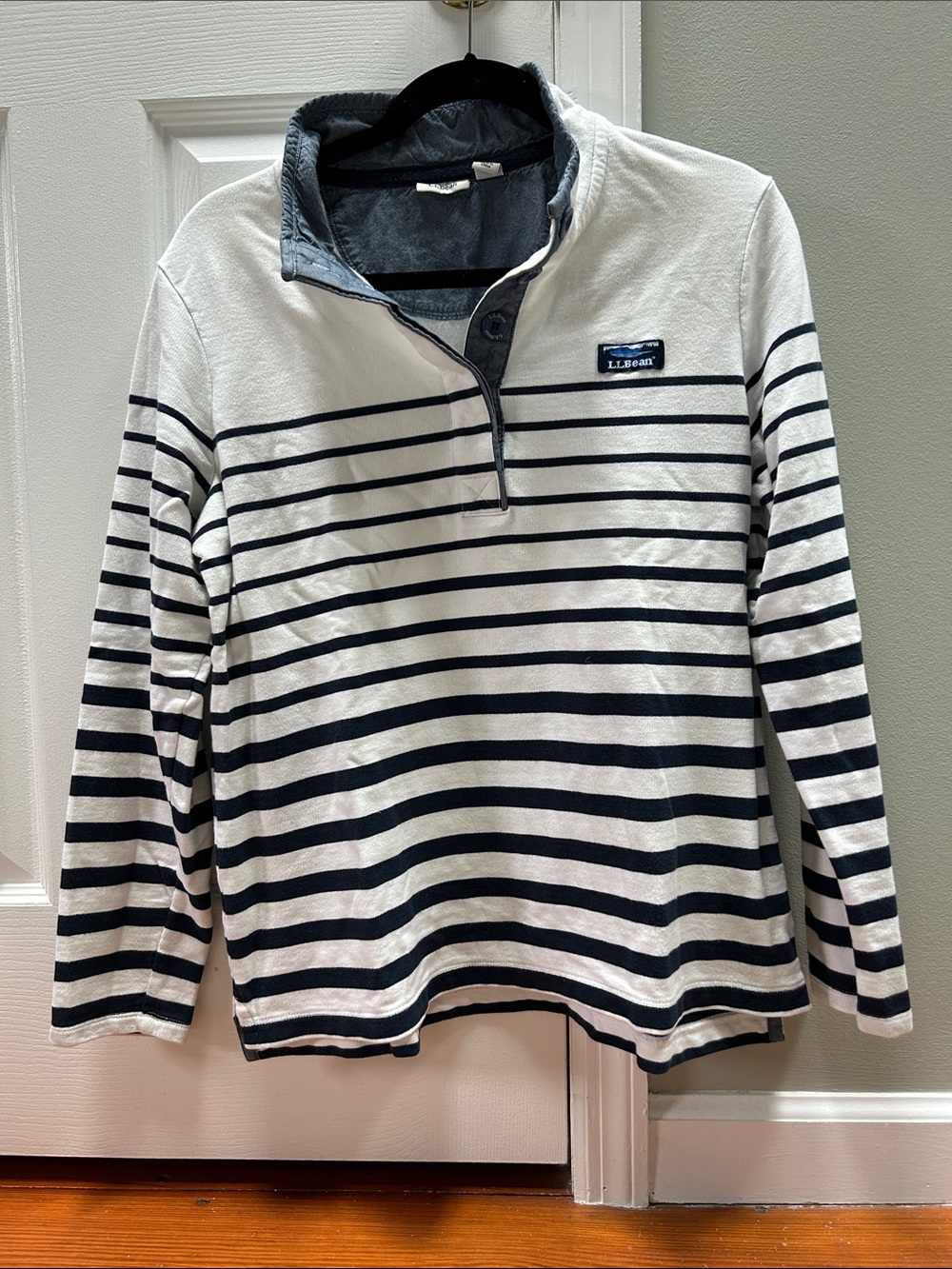L.L. Bean Navy and White Striped Half-Button Pullover